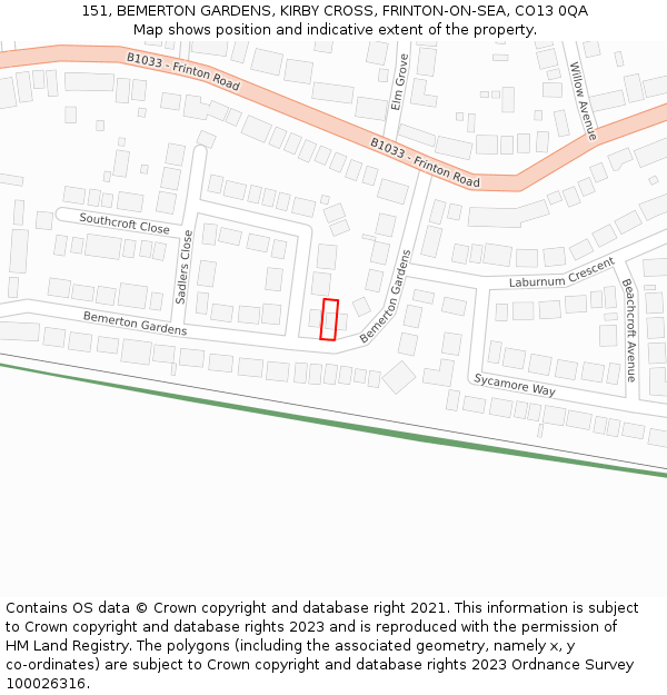 151, BEMERTON GARDENS, KIRBY CROSS, FRINTON-ON-SEA, CO13 0QA: Location map and indicative extent of plot