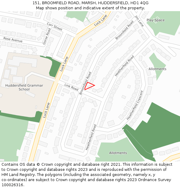 151, BROOMFIELD ROAD, MARSH, HUDDERSFIELD, HD1 4QG: Location map and indicative extent of plot