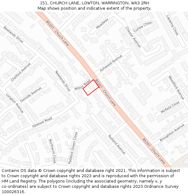 151, CHURCH LANE, LOWTON, WARRINGTON, WA3 2RH: Location map and indicative extent of plot