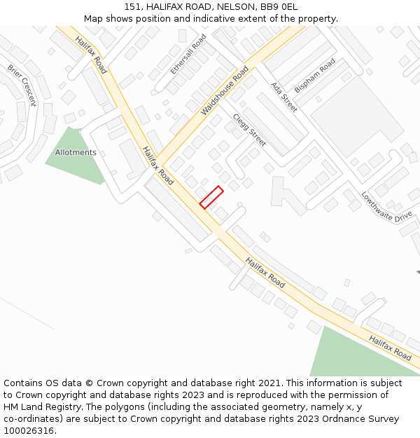 151, HALIFAX ROAD, NELSON, BB9 0EL: Location map and indicative extent of plot