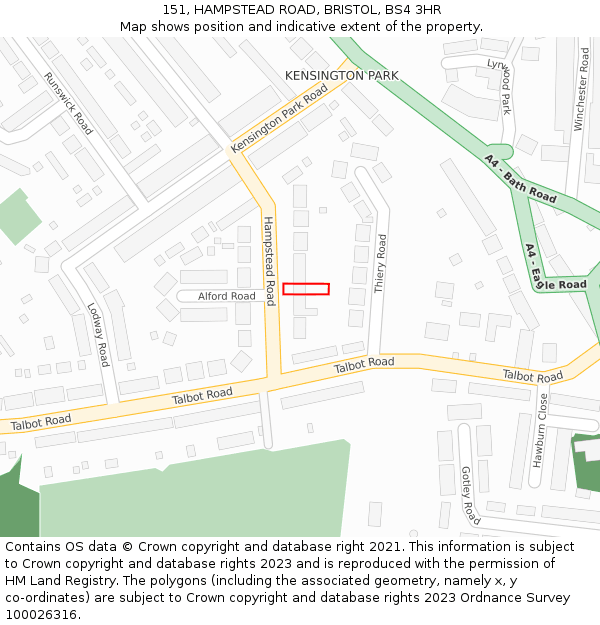 151, HAMPSTEAD ROAD, BRISTOL, BS4 3HR: Location map and indicative extent of plot