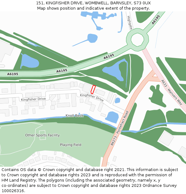 151, KINGFISHER DRIVE, WOMBWELL, BARNSLEY, S73 0UX: Location map and indicative extent of plot
