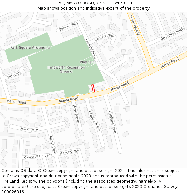 151, MANOR ROAD, OSSETT, WF5 0LH: Location map and indicative extent of plot