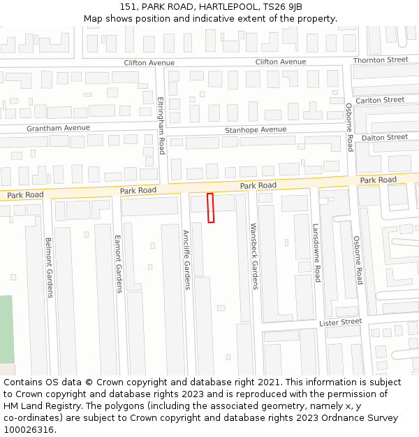 151, PARK ROAD, HARTLEPOOL, TS26 9JB: Location map and indicative extent of plot