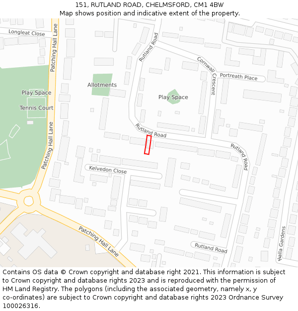 151, RUTLAND ROAD, CHELMSFORD, CM1 4BW: Location map and indicative extent of plot
