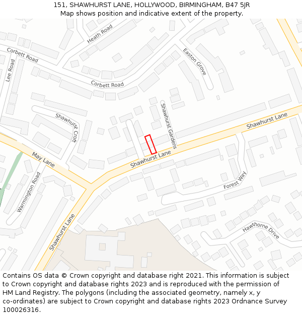 151, SHAWHURST LANE, HOLLYWOOD, BIRMINGHAM, B47 5JR: Location map and indicative extent of plot