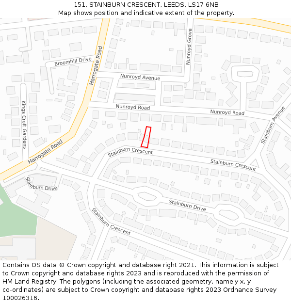 151, STAINBURN CRESCENT, LEEDS, LS17 6NB: Location map and indicative extent of plot