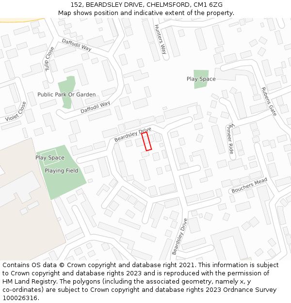 152, BEARDSLEY DRIVE, CHELMSFORD, CM1 6ZG: Location map and indicative extent of plot