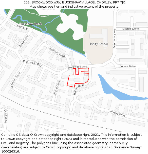 152, BROOKWOOD WAY, BUCKSHAW VILLAGE, CHORLEY, PR7 7JX: Location map and indicative extent of plot