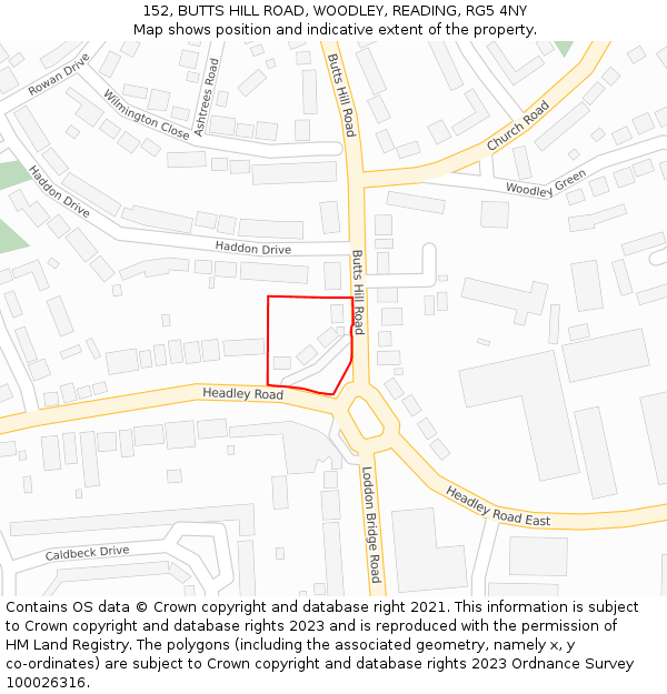 152, BUTTS HILL ROAD, WOODLEY, READING, RG5 4NY: Location map and indicative extent of plot