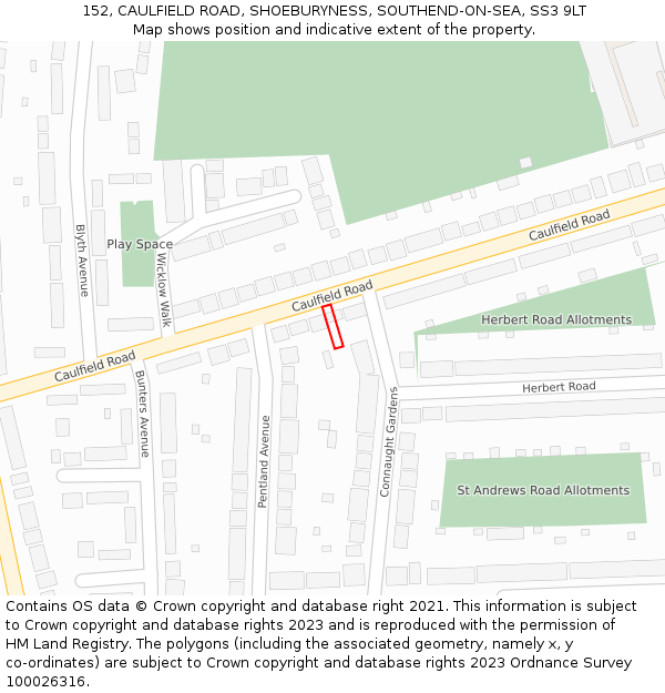 152, CAULFIELD ROAD, SHOEBURYNESS, SOUTHEND-ON-SEA, SS3 9LT: Location map and indicative extent of plot