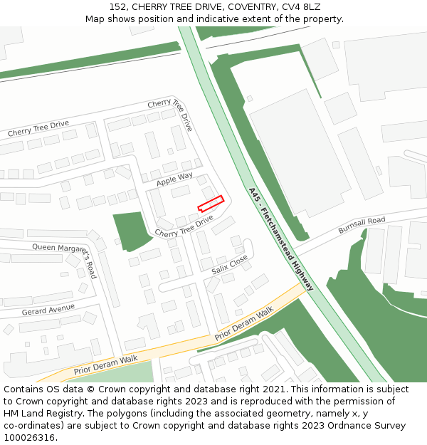 152, CHERRY TREE DRIVE, COVENTRY, CV4 8LZ: Location map and indicative extent of plot