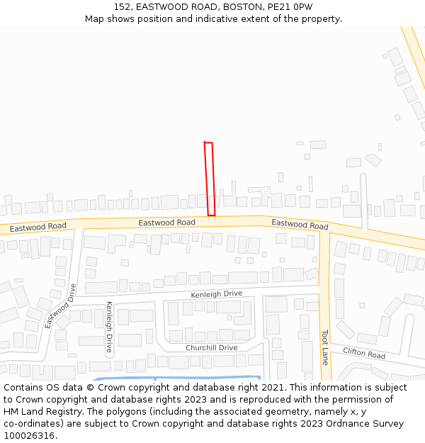 152, EASTWOOD ROAD, BOSTON, PE21 0PW: Location map and indicative extent of plot