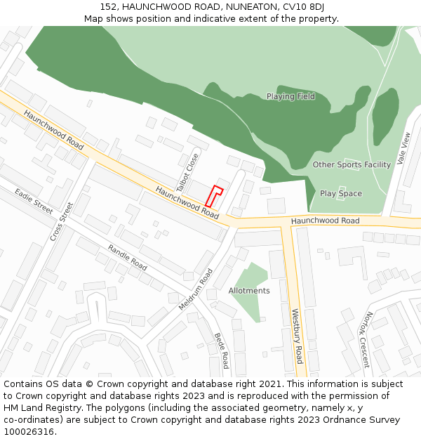 152, HAUNCHWOOD ROAD, NUNEATON, CV10 8DJ: Location map and indicative extent of plot