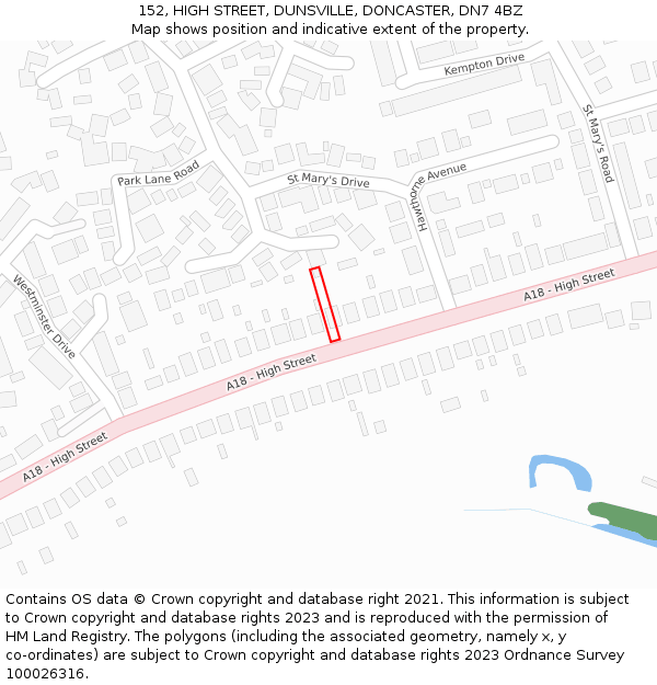 152, HIGH STREET, DUNSVILLE, DONCASTER, DN7 4BZ: Location map and indicative extent of plot