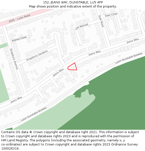 152, JEANS WAY, DUNSTABLE, LU5 4PP: Location map and indicative extent of plot