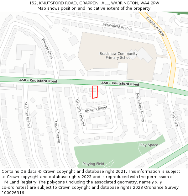 152, KNUTSFORD ROAD, GRAPPENHALL, WARRINGTON, WA4 2PW: Location map and indicative extent of plot