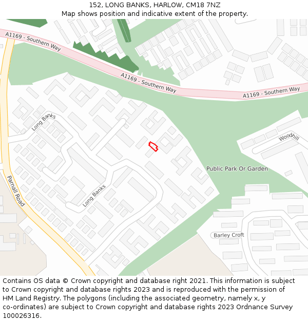 152, LONG BANKS, HARLOW, CM18 7NZ: Location map and indicative extent of plot