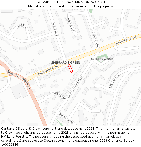 152, MADRESFIELD ROAD, MALVERN, WR14 2NR: Location map and indicative extent of plot