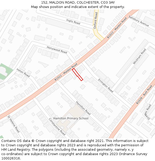 152, MALDON ROAD, COLCHESTER, CO3 3AY: Location map and indicative extent of plot