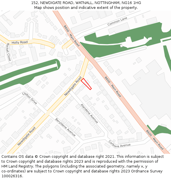 152, NEWDIGATE ROAD, WATNALL, NOTTINGHAM, NG16 1HG: Location map and indicative extent of plot