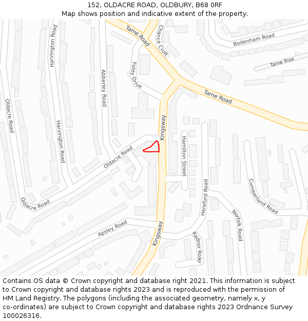 152, OLDACRE ROAD, OLDBURY, B68 0RF: Location map and indicative extent of plot