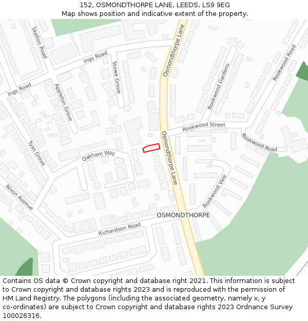 152, OSMONDTHORPE LANE, LEEDS, LS9 9EG: Location map and indicative extent of plot