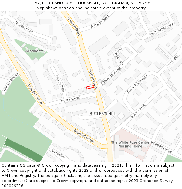 152, PORTLAND ROAD, HUCKNALL, NOTTINGHAM, NG15 7SA: Location map and indicative extent of plot