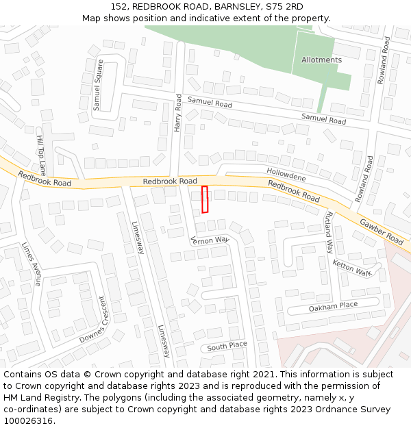 152, REDBROOK ROAD, BARNSLEY, S75 2RD: Location map and indicative extent of plot