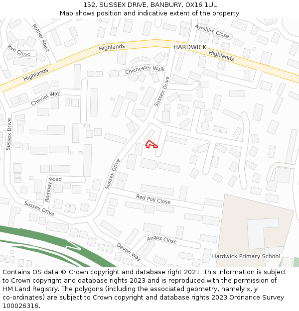 152, SUSSEX DRIVE, BANBURY, OX16 1UL: Location map and indicative extent of plot