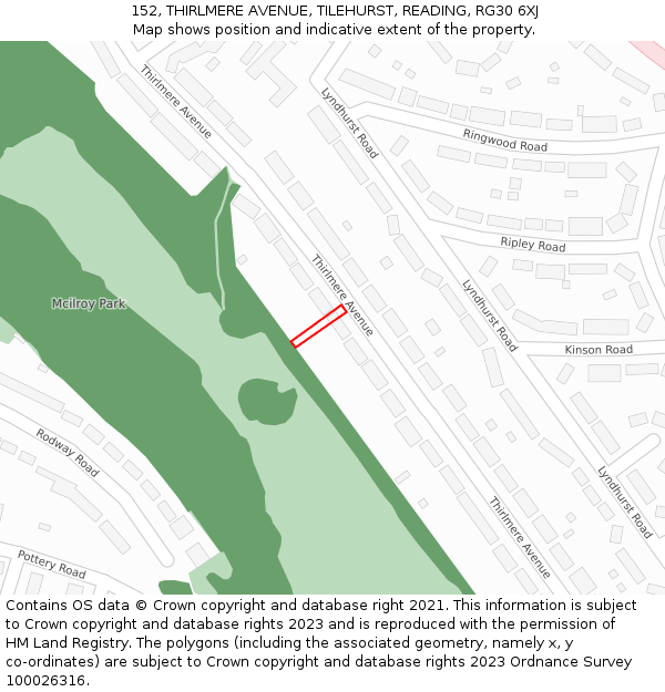 152, THIRLMERE AVENUE, TILEHURST, READING, RG30 6XJ: Location map and indicative extent of plot