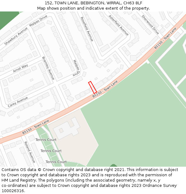 152, TOWN LANE, BEBINGTON, WIRRAL, CH63 8LF: Location map and indicative extent of plot