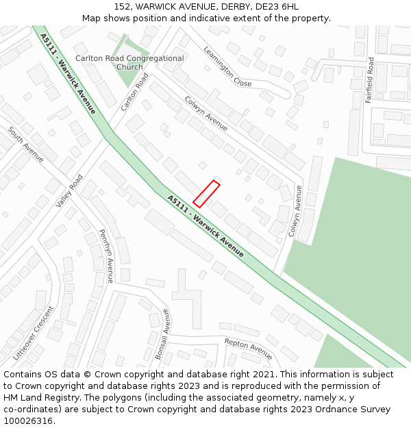 152, WARWICK AVENUE, DERBY, DE23 6HL: Location map and indicative extent of plot