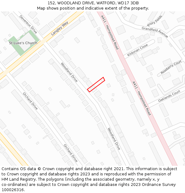 152, WOODLAND DRIVE, WATFORD, WD17 3DB: Location map and indicative extent of plot