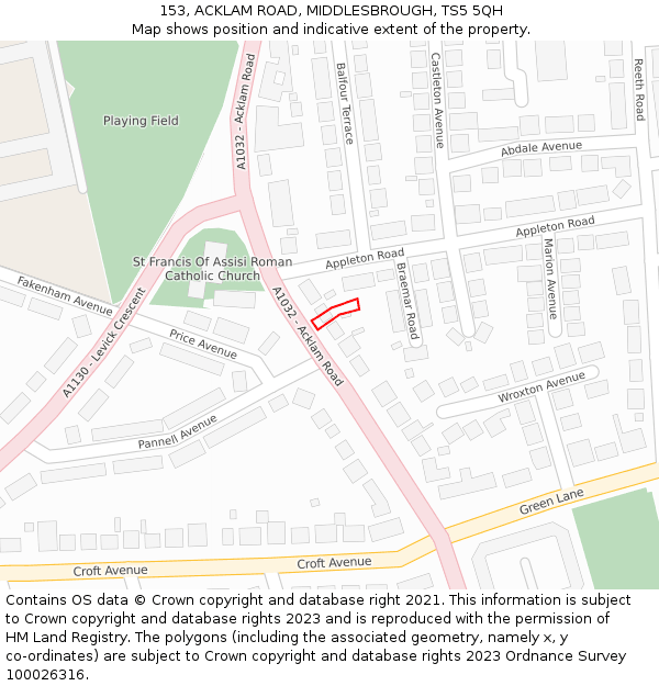 153, ACKLAM ROAD, MIDDLESBROUGH, TS5 5QH: Location map and indicative extent of plot