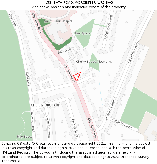 153, BATH ROAD, WORCESTER, WR5 3AG: Location map and indicative extent of plot
