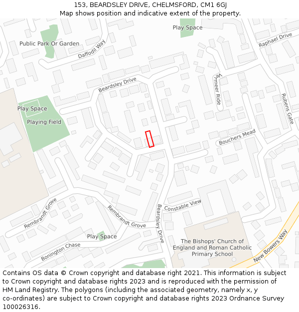 153, BEARDSLEY DRIVE, CHELMSFORD, CM1 6GJ: Location map and indicative extent of plot