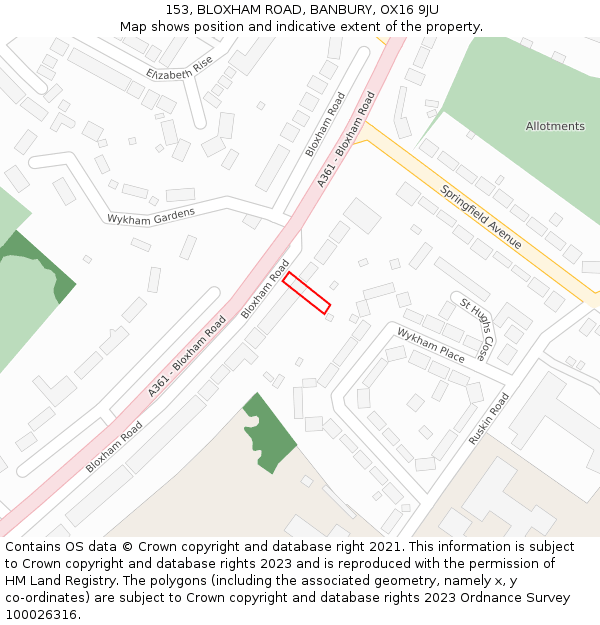 153, BLOXHAM ROAD, BANBURY, OX16 9JU: Location map and indicative extent of plot