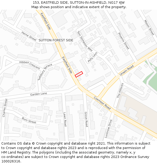 153, EASTFIELD SIDE, SUTTON-IN-ASHFIELD, NG17 4JW: Location map and indicative extent of plot