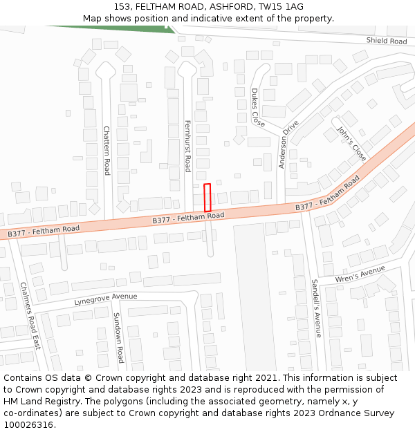 153, FELTHAM ROAD, ASHFORD, TW15 1AG: Location map and indicative extent of plot