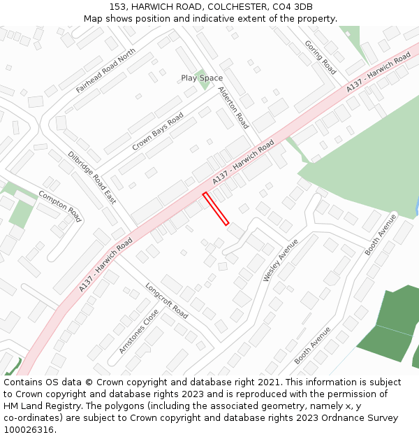 153, HARWICH ROAD, COLCHESTER, CO4 3DB: Location map and indicative extent of plot