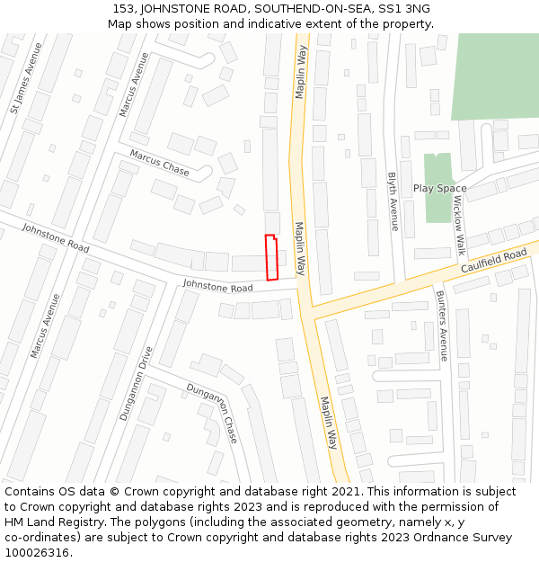 153, JOHNSTONE ROAD, SOUTHEND-ON-SEA, SS1 3NG: Location map and indicative extent of plot
