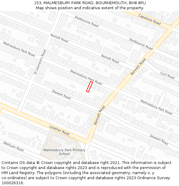153, MALMESBURY PARK ROAD, BOURNEMOUTH, BH8 8PU: Location map and indicative extent of plot