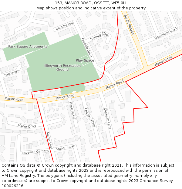153, MANOR ROAD, OSSETT, WF5 0LH: Location map and indicative extent of plot