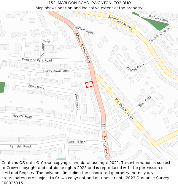 153, MARLDON ROAD, PAIGNTON, TQ3 3NQ: Location map and indicative extent of plot