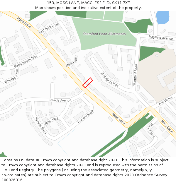 153, MOSS LANE, MACCLESFIELD, SK11 7XE: Location map and indicative extent of plot