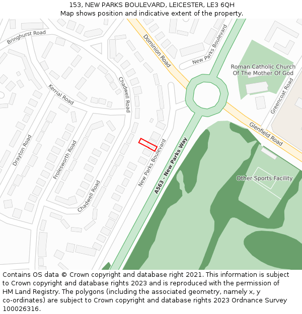 153, NEW PARKS BOULEVARD, LEICESTER, LE3 6QH: Location map and indicative extent of plot