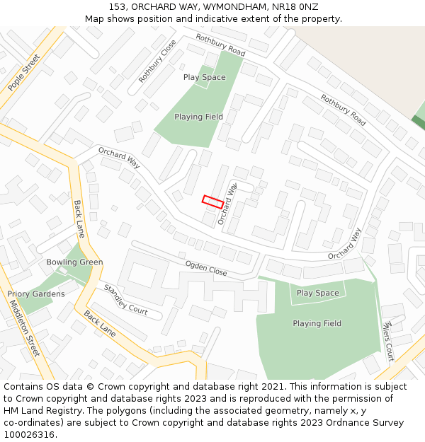 153, ORCHARD WAY, WYMONDHAM, NR18 0NZ: Location map and indicative extent of plot