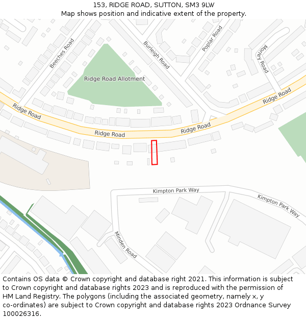 153, RIDGE ROAD, SUTTON, SM3 9LW: Location map and indicative extent of plot
