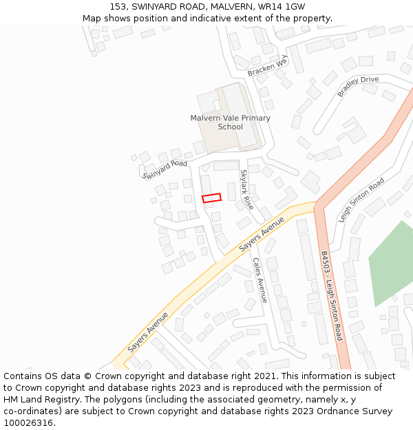 153, SWINYARD ROAD, MALVERN, WR14 1GW: Location map and indicative extent of plot
